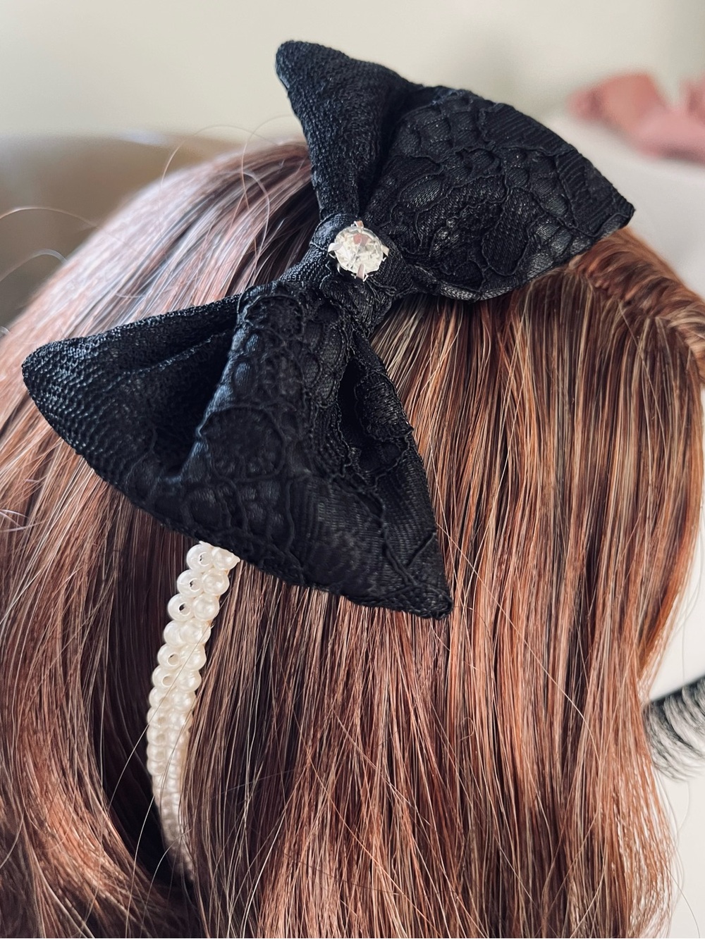 Purely Posh Pearl Headband | Removable Black Japan Lace Bow with Rhinestone